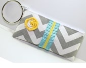 Gray Chevron Clutch with Silve Bangle and Turquoise and Yellow Trim- Chevron Ruffle Wristlet