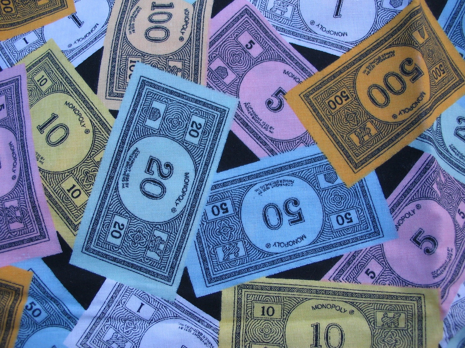 Monopoly Novelty Money In Blue Orange and Green bills Fabric 1 yard
