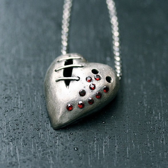 My bloody valentine sutured heart necklace sterling silver garnet No. 26
