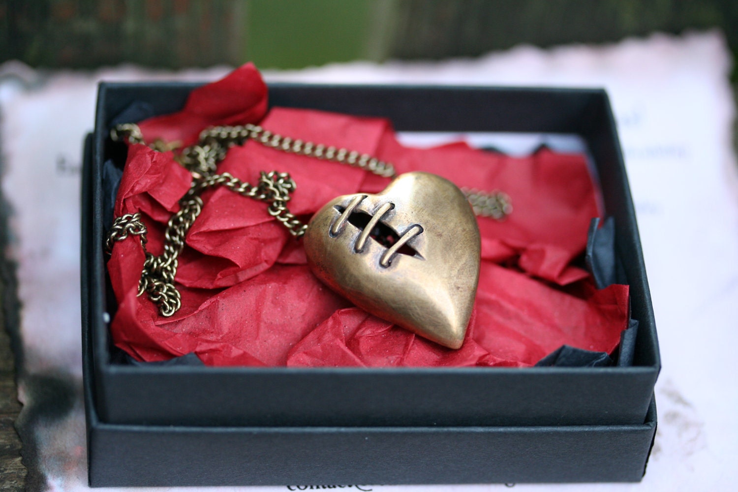 Sutured Heart necklace natural bronze brass chain