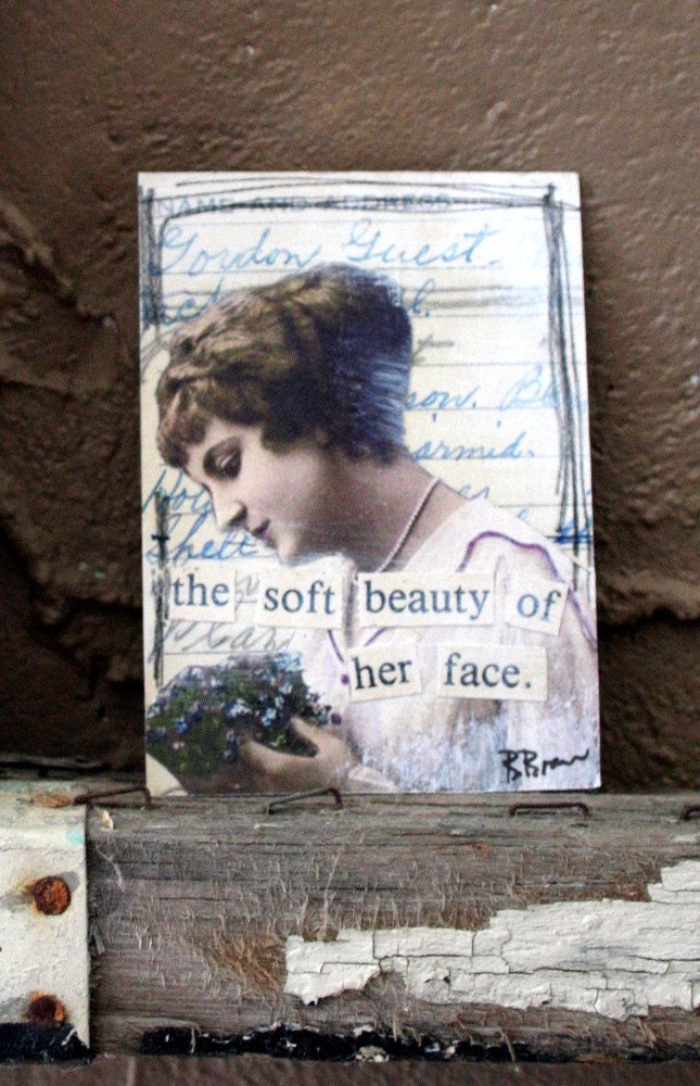 Soft Beauty Woman Holding Flowers Collaged ACEO Vintage Image & Handwritten Paper
