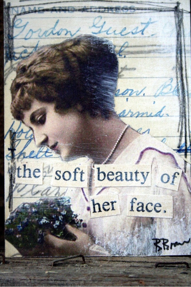 Soft Beauty Woman Holding Flowers Collaged ACEO Vintage Image & Handwritten Paper