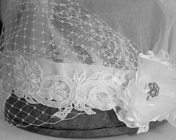 Bridal Headpiece Hat, BOBBI  Russian Veil, Netting, Flower, white and ivory, Rhinestone shoe clip, tamilyn original, lace, white