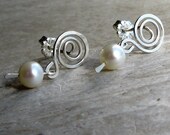 Pearl dangle sterling silver wire spiral stud earrings elegant wedding handmade