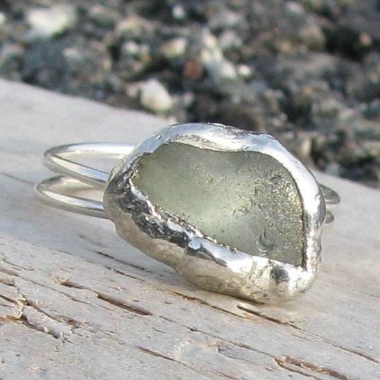 Genuine Sea Glass Ring - Seafoam Blue Green