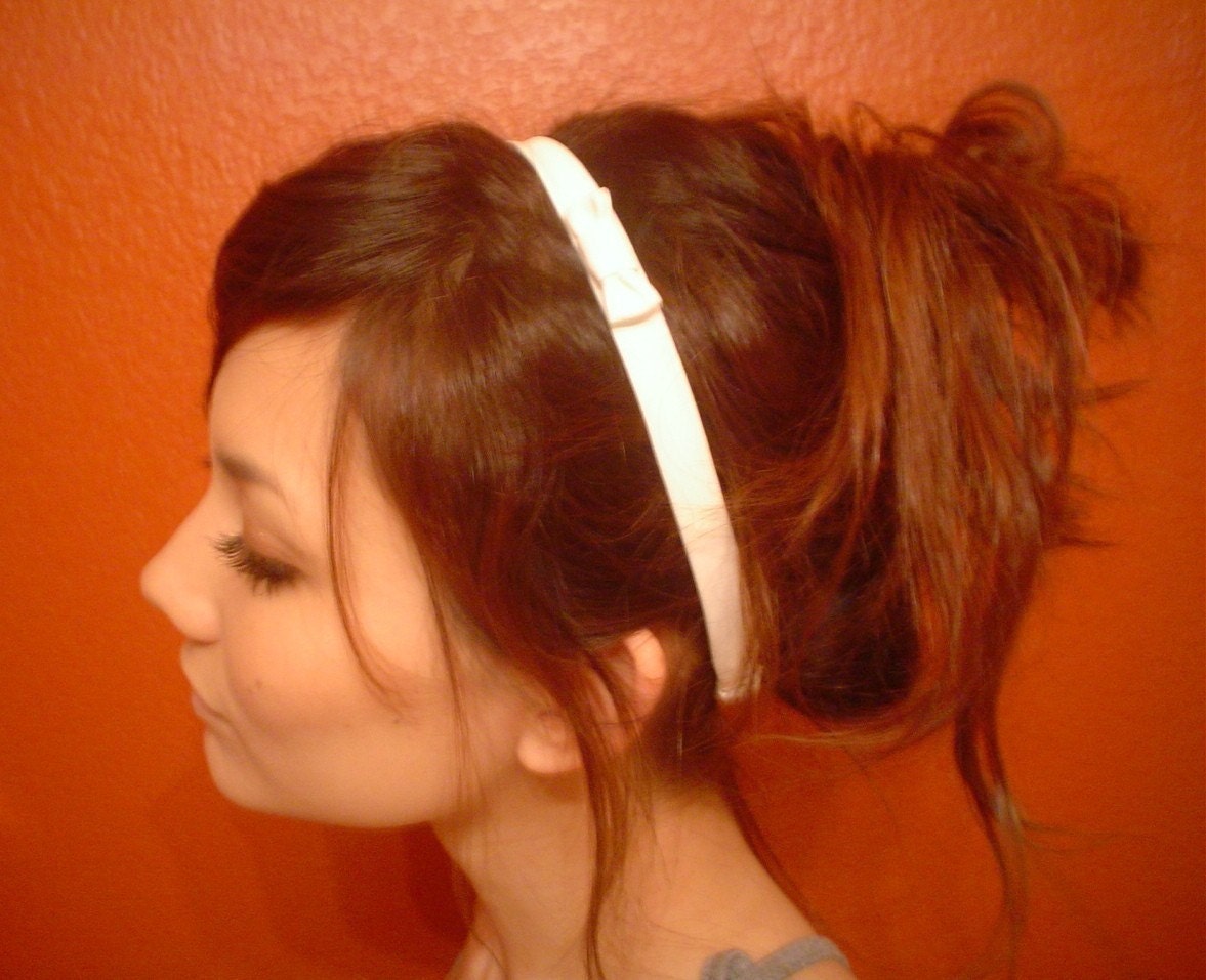 0.5" WHITE BOW dress headband tiny bowtie tie scarf wrap formal hair head band Skinny Headband