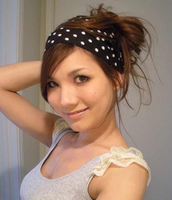 BLACK WHITE HOBO Polka Dot expandable bandanna scrunch headband by Mixbaby