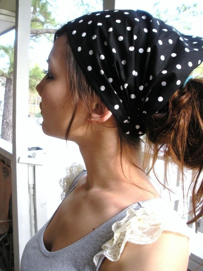 BLACK WHITE HOBO Polka Dot expandable bandanna scrunch headband by Mixbaby