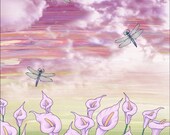 dragonfly love - signed digital illustration art print 8X10 inches, calla lilies mauve pink nature insects pastel colors