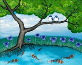 the pond - signed fine art print 8X10 inches by Sarah Knight, tree swallows koi illustration