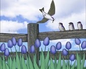 purple martin fledges - signed digital illustration art print 8X10 inches - birds baby birds nature picture violet green blue