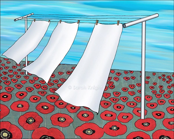 3 sheets in the wind - signed fine art print 8X10 inches - laundry illustration red white blue