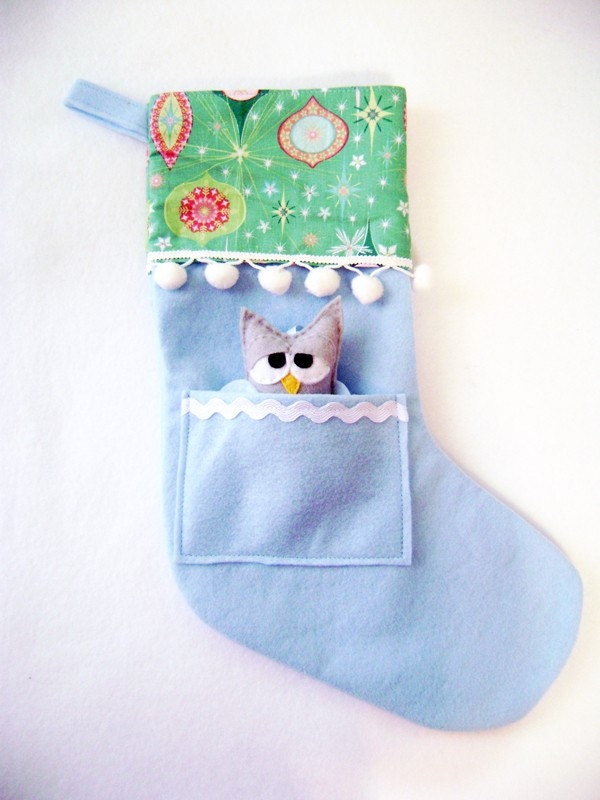 Felt Holiday Stocking - Pocket Peeper Sleepy Owl - Rockin Retro - Teal Pink Blue Ornaments