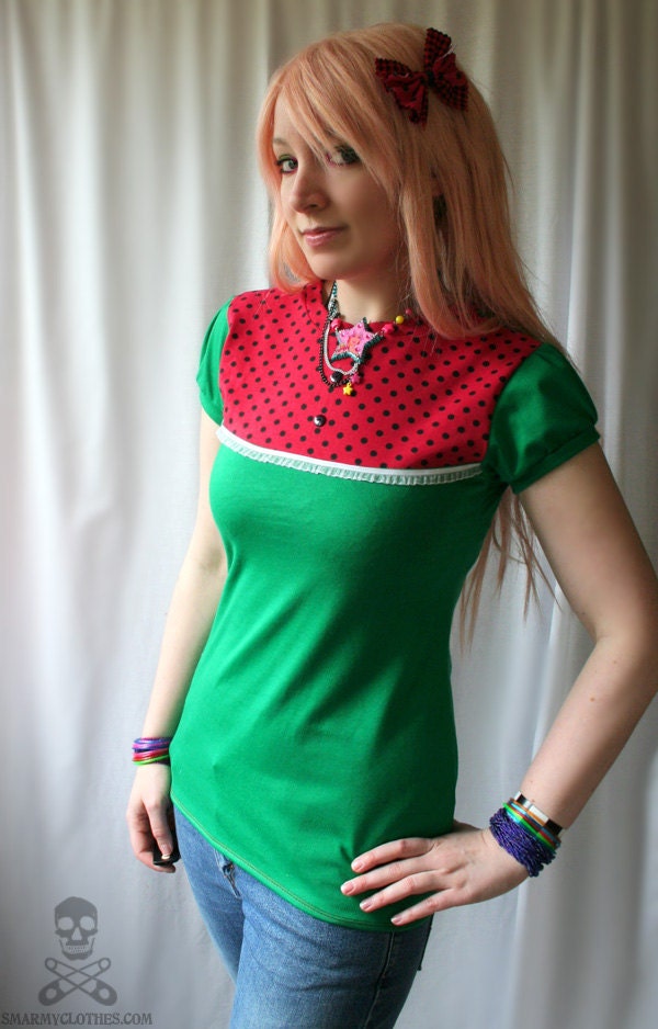 watermelon kawaii polka dot shirt  - Slice of Summer - handmade to order - smarmyclothes diy
