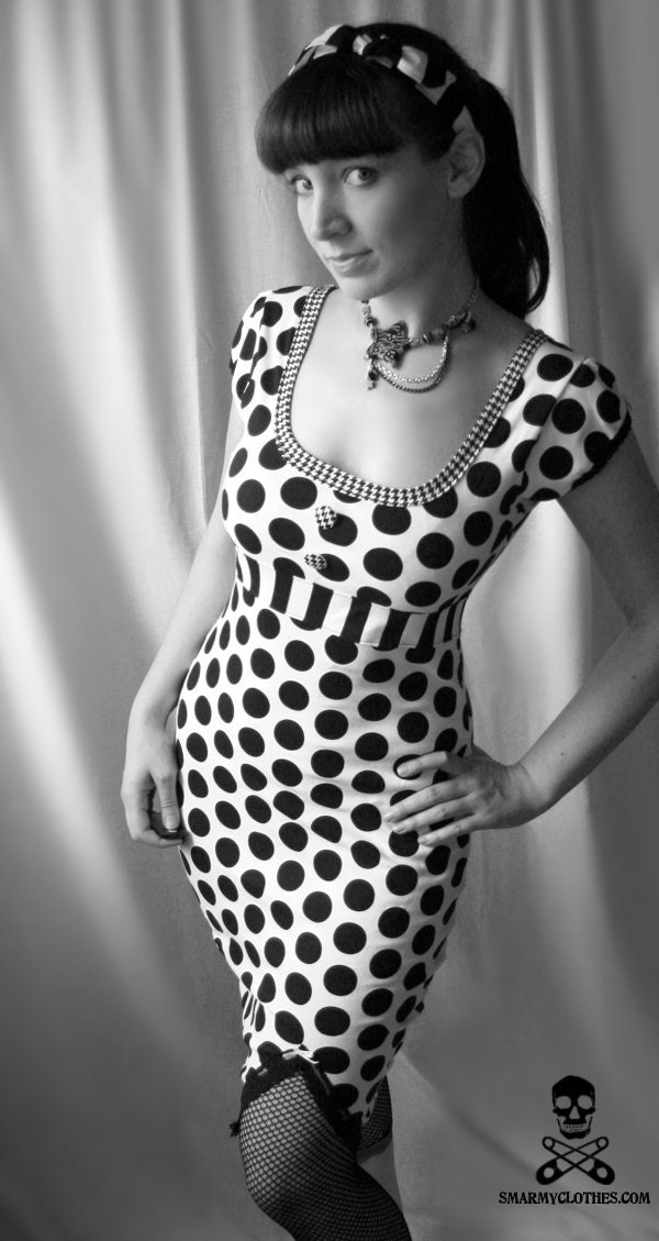 monochromatic polka dot wiggle rockabilly dress - Hedy - handmade custom size - smarmyclothes