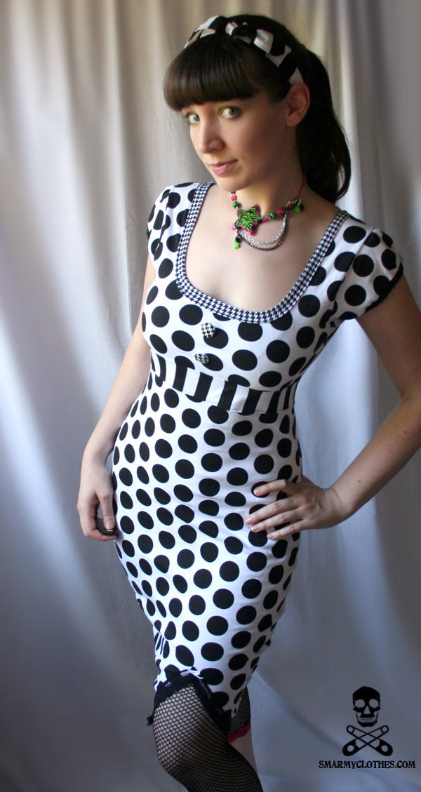 monochromatic polka dot wiggle rockabilly dress - Hedy - handmade custom size - smarmyclothes