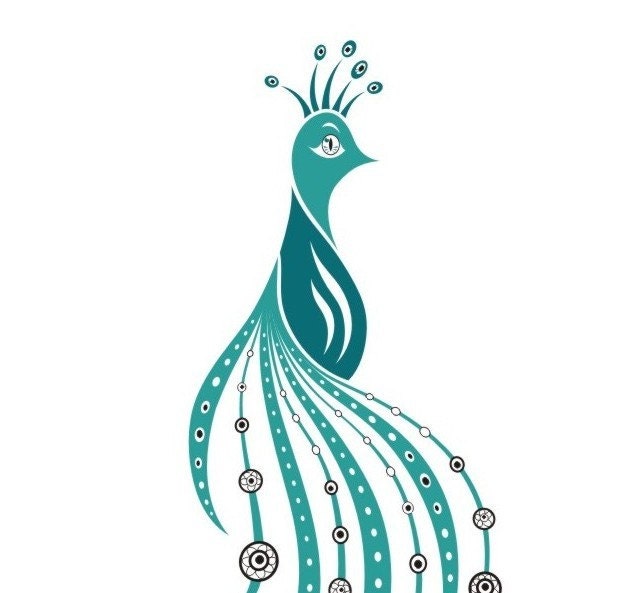 Shy Peacock, 8x10 Modern Bird Art Print, Blue, Turquoise, Black