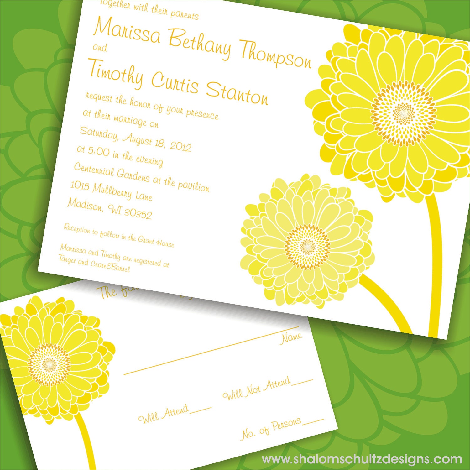 Wedding Invitations (Set of 100), Modern, Gerbera, Daisy, Flower, Yellow, Golden, Orange, Summer, Garden, Bloom, Custom, Personalized