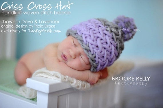 Baby Girl Hat Criss Cross Beanie Photo Prop for Newborns Original Design by TrickyKnits in Smoke Gray and Lavender Lilac ORIGINAL DESIGNER
