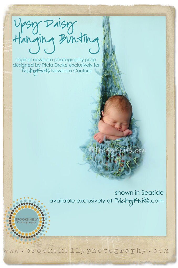 Hanging Bunting Photo Prop Handknit Baby Hammock Sling Cocoon Newborn Boy Infant Photo Prop Upsy Daisy in Neutral Seaside Blue LAST ONE