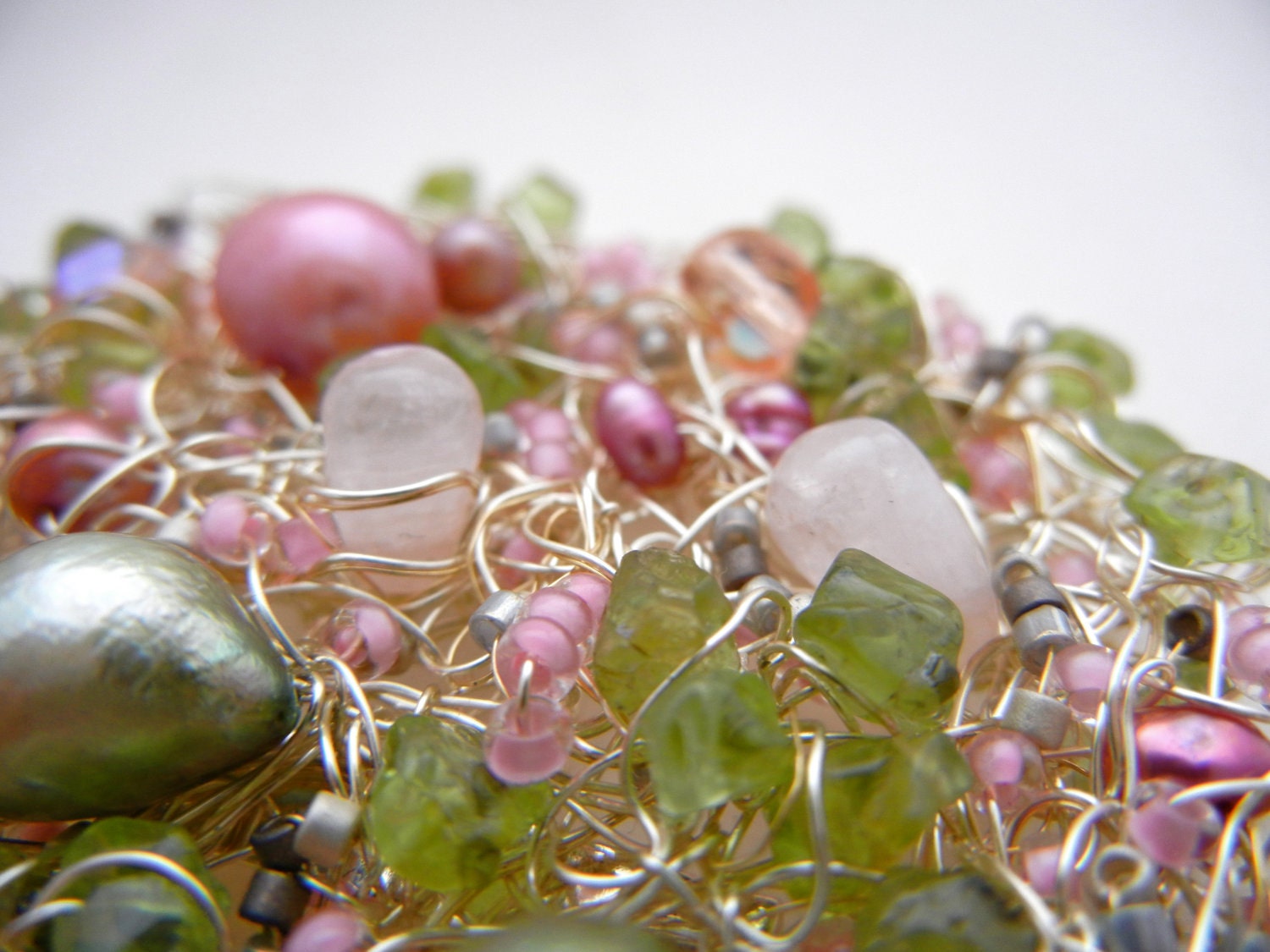Sweetened Spring - brooch in pink, green and silver - ooak - handmade with pearls knitted wire