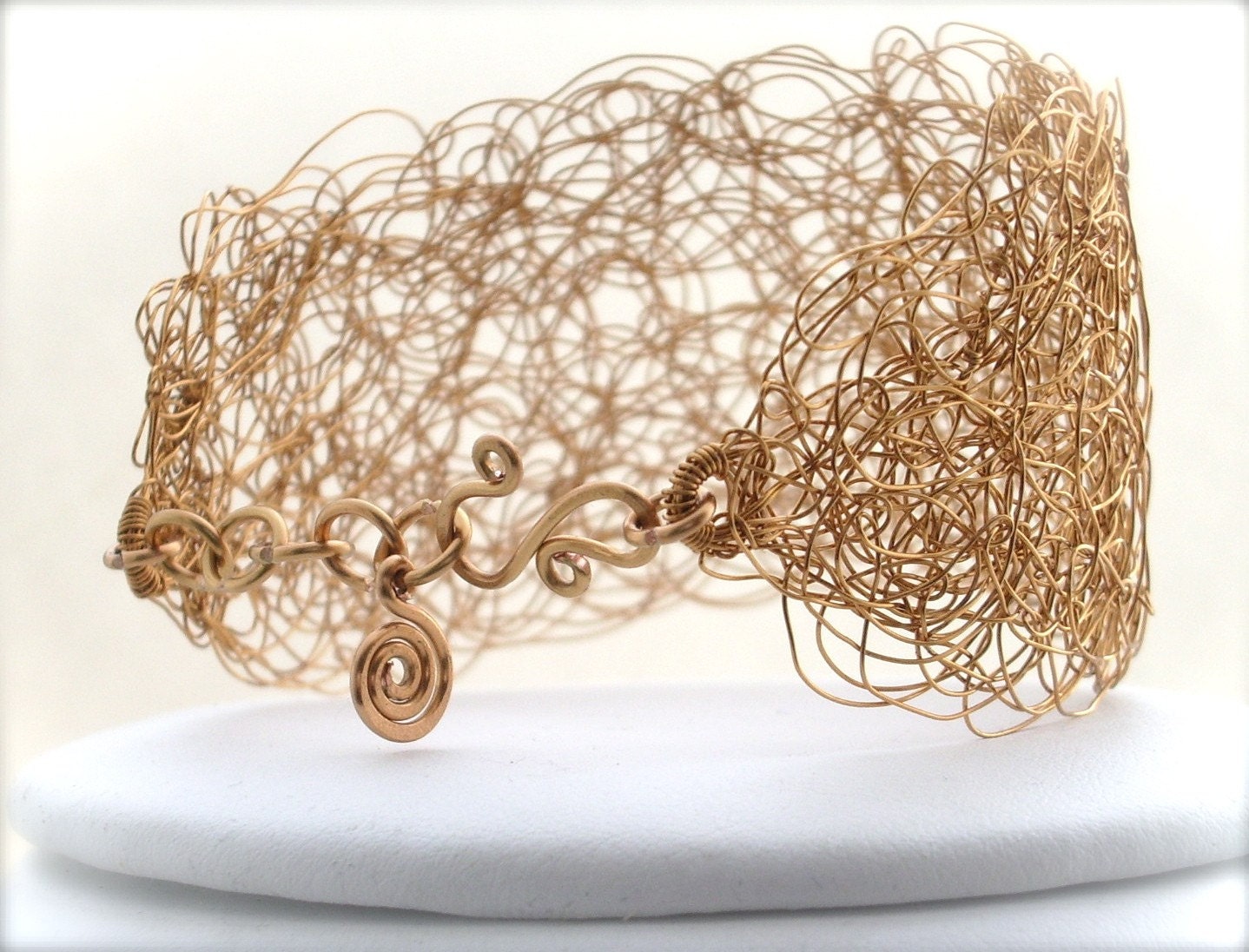 Rumpelstiltskin's Bracelet - Intricate and Golden, Knitted and Woven Wire Cuff - Slender Width