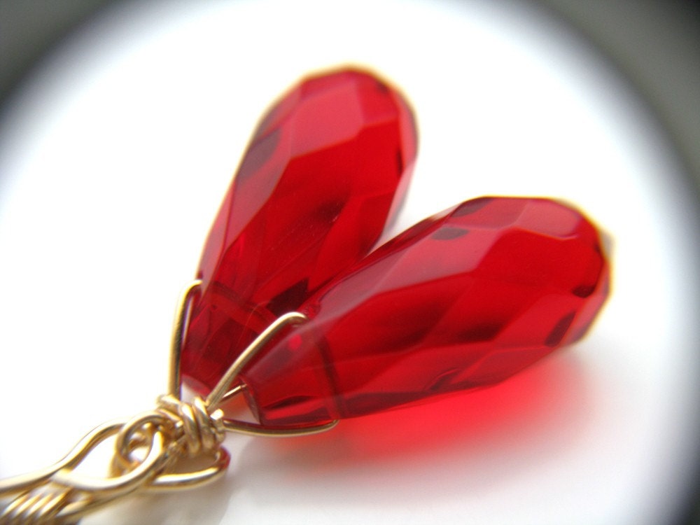Ruby Red Earrings . 14k Gold Fill Wire Wrap Earrings . Long Red Earrings . Bridal Party Jewelry . July Birthday - True Romance Collection
