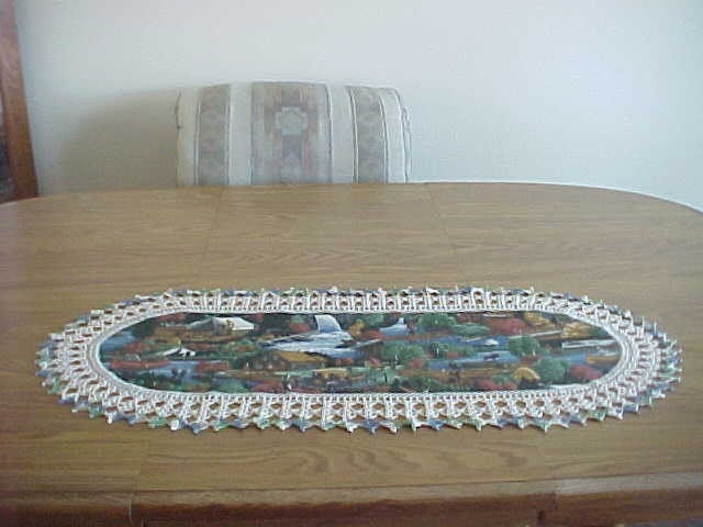 Crocheted Table Runner Outdoor Scene Fabric Center Crocheted Edge