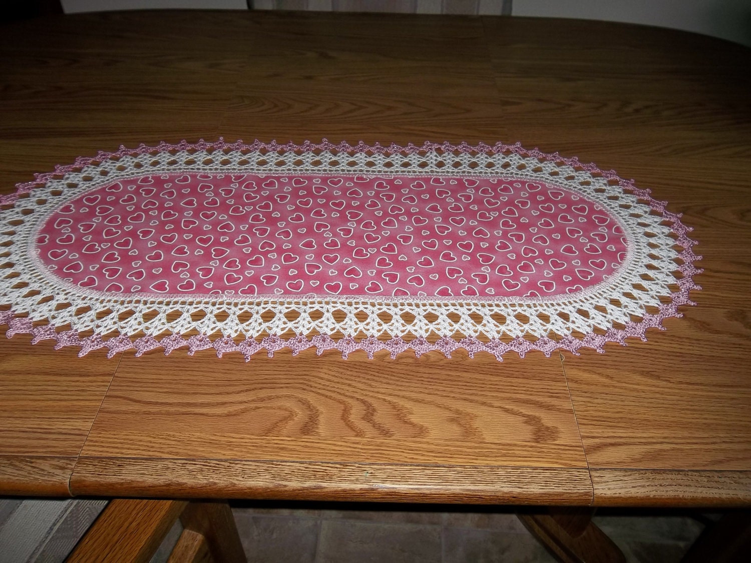 Crocheted Valentines Day Table Runner Pink Hearts by bestdoilies