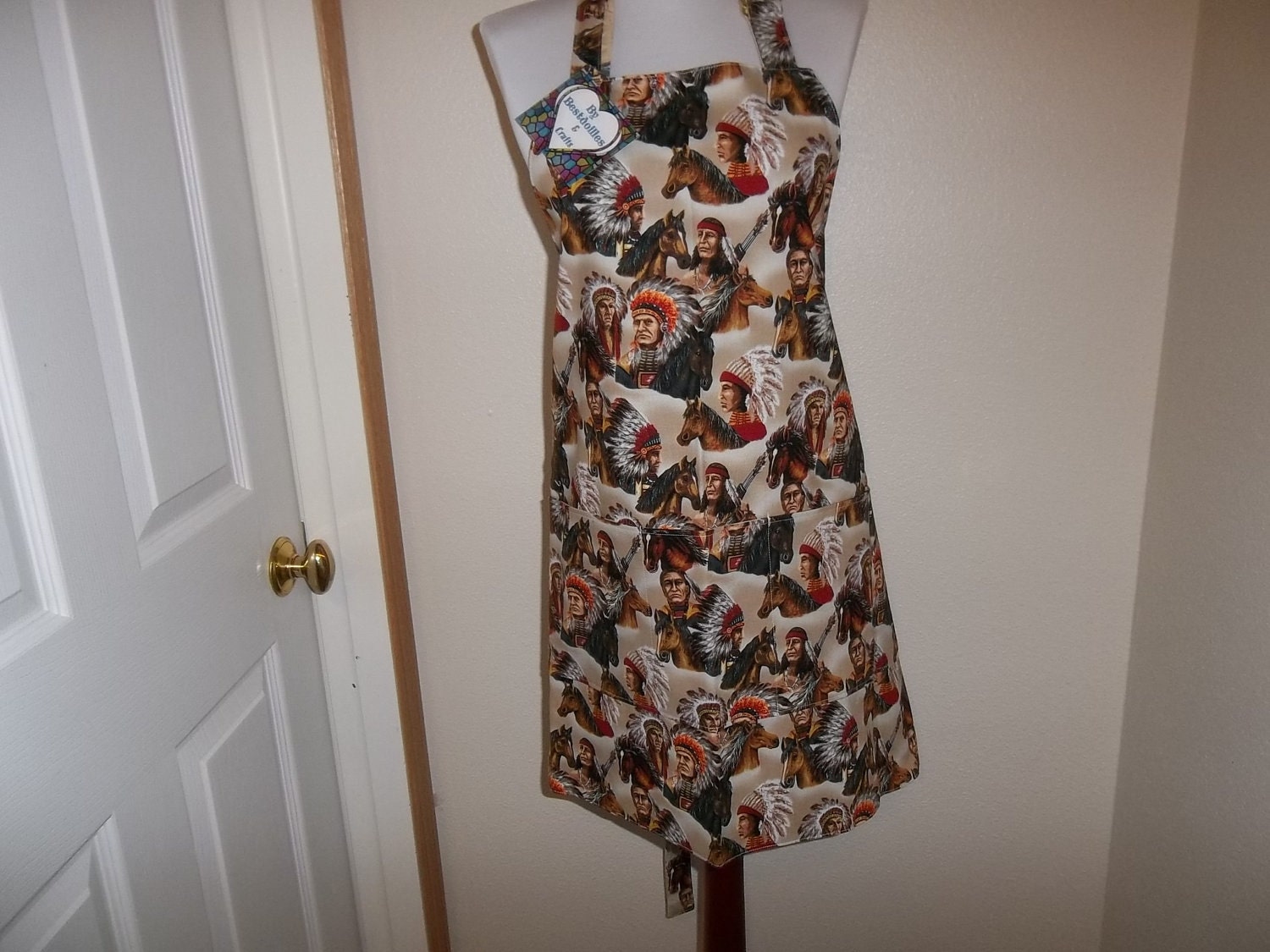 Full Apron Reversible Native American Indian Chief and Braves Print Apron