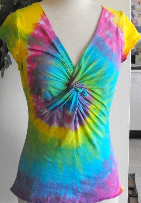 Tie Dye Pastel Rainbow Shirt with Twisted Front