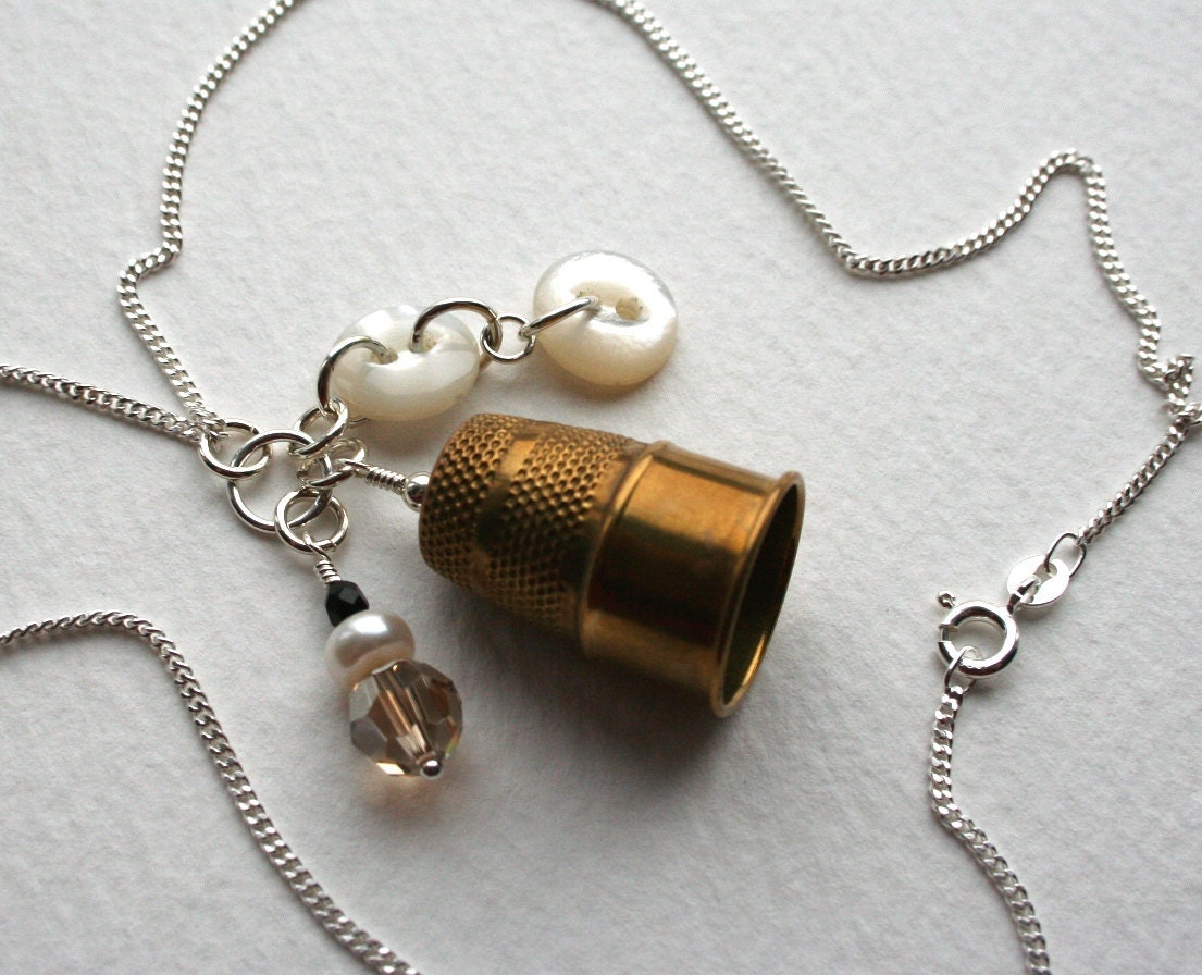 Vintage Brass Thimble Sterling Silver Antique Button Charm Necklace