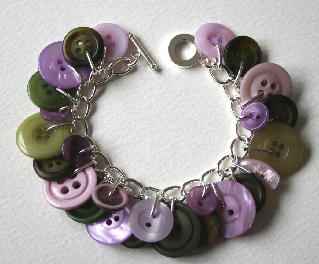 Button Charm Bracelet Moss Green and Muted Lilac Purple