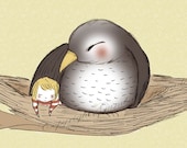 Nestled 8 x 10 Print Baby Children's Nursery Artwork Bird in a Nest with Child