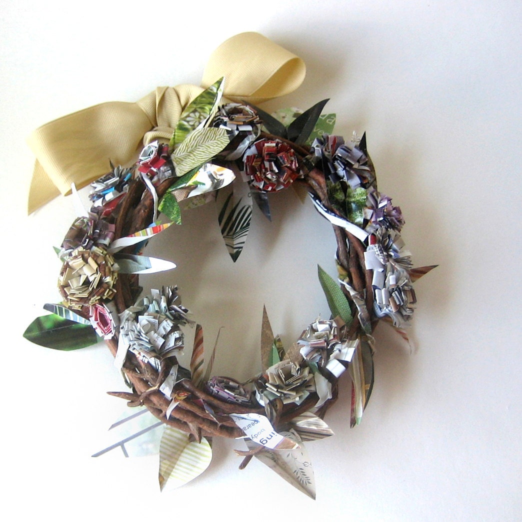 SALE Earth Friendly Earthy Rustic Home Decor - 7" Wreath Eco Embellished with Reclaimed Magazine Flowers & Leaves