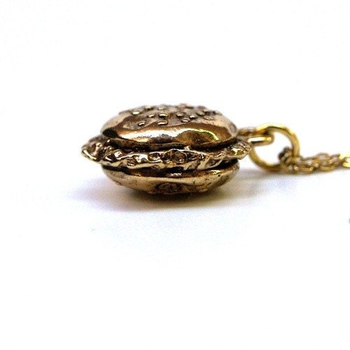 Small gold plated pewter Burger charm Necklace on a delicate gold plated chain