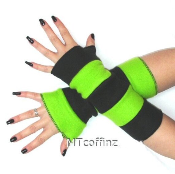 Items similar to Neon Green Black Fleece Arm Warmers Gloves Striped