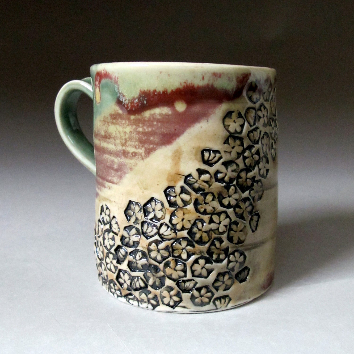 Ceramic Coffee Mug Handmade Porcelain Cup: Green with Flowers