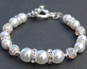 Bridal Jewelry, Sparkling White Pearl Wedding Jewelry, Bling Bridal Pearl Bracelet,  Bridesmaid Bracelet