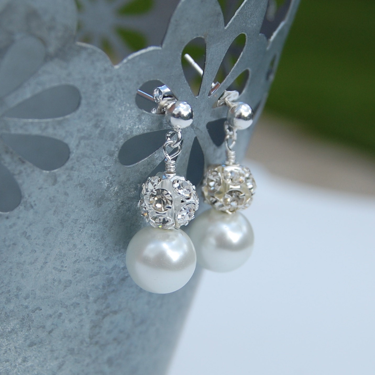 White Pearl Rhinestone Bridal Earrings, Bridal Jewelry, Custom Colors, Modern Wedding Jewelry