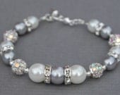 Brides Jewelry, Silver and White Pearl Rhinestone Wedding Bracelet, Modern Bridal Jewelry