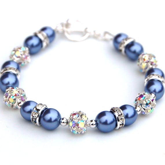 Periwinkle Blue Bling Bracelet, Bridesmaid Gifts, Pearl Rhinestone Jewelry, Bridal Party