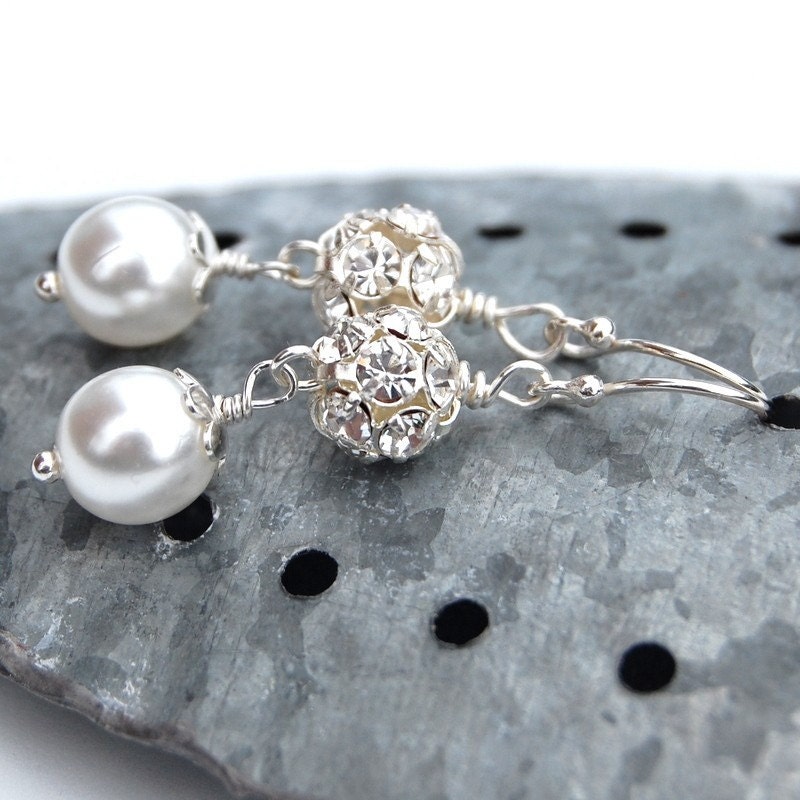 Bridal Sparkling Pearl Earrings, Wedding White Pearl and Rhinestone Fireball Bridal Earrings, Custom Colors, Bridesmaid Earrings