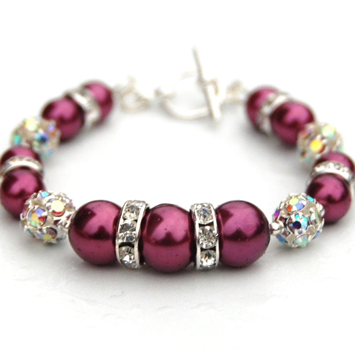 Bridesmaid Jewelry, Raspberry Pearl and Rhinestones Bracelet, Bridesmaid Gift, Sparkling Pink Bracelet, Custom Colors