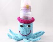 Baby Bottle Cuptopus Sleeve in Aqua and Magenta with white and Black Buttons