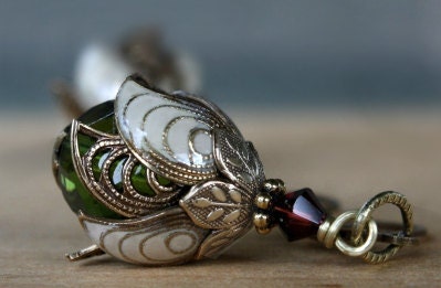 Flower bud earrings - green burgundy romantic brass swarovski crystal earrings