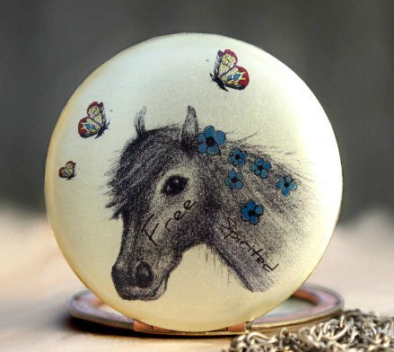 Horse locket - necklace, butterfly, flower, weddings, something old, original, handmade, art, drawing, brass, vintage locket