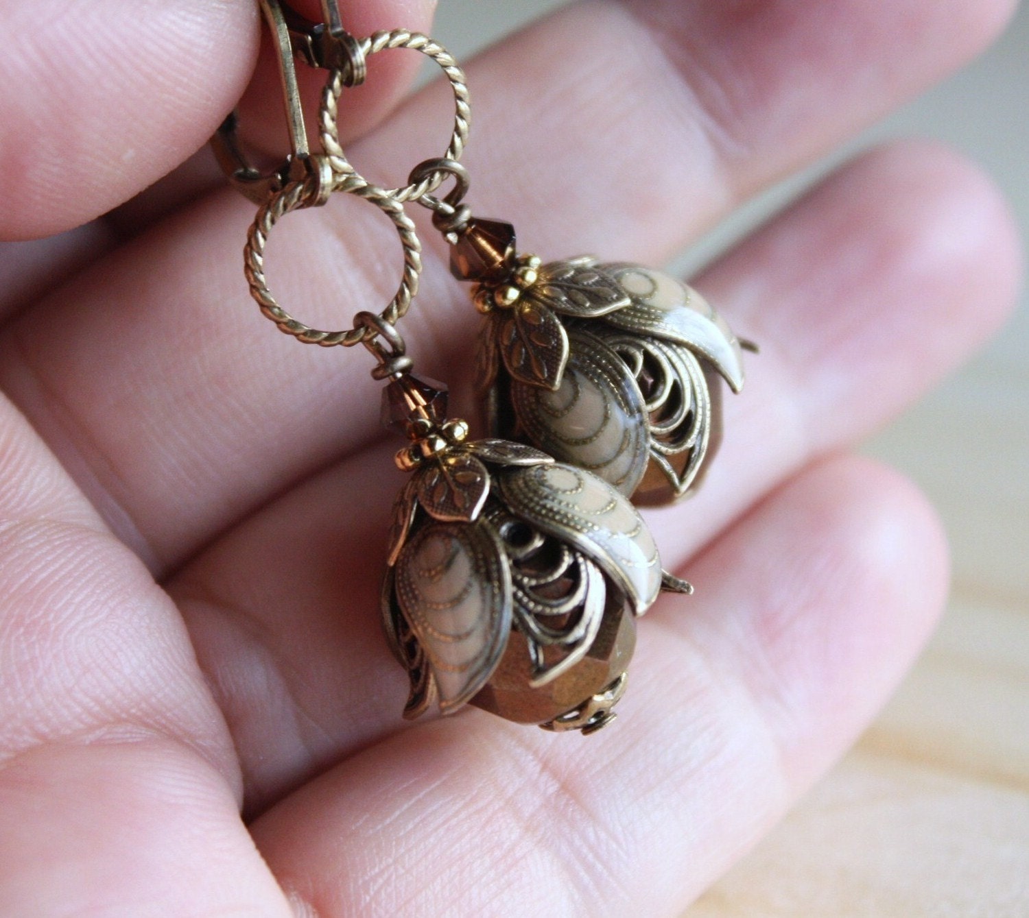 SALE Flower earrings - Autumn,Fall,brown,chestnut,tan,brass,filigree,flower,weddings,bridesmaid,swarovksi crystal,glass,bronze earrings