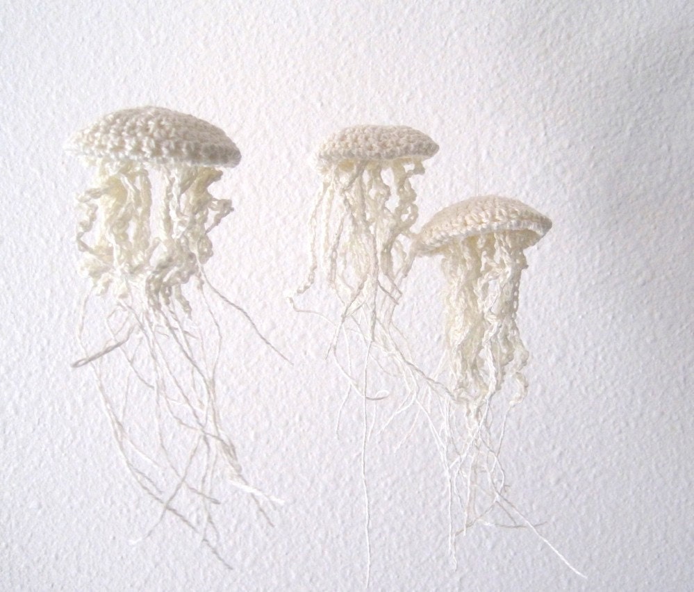 Moon Jellyfish Amigurimi Ornaments in Linen - Set of Three - Made to Order