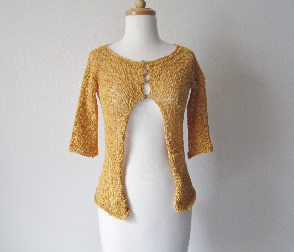 Seaside Cardigan - Hand Knit Textured Cotton Sweater in Golden Yellow / Mustard / Autumn Gold - size XS - S - Prototype Clearance Sale